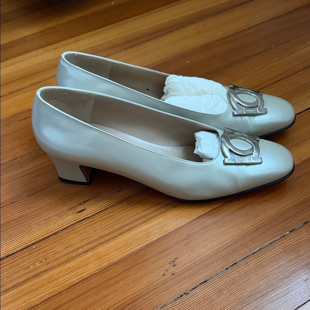 Salvatore Ferragamo Women's Champagne Metallic Heels with Signature Emblem